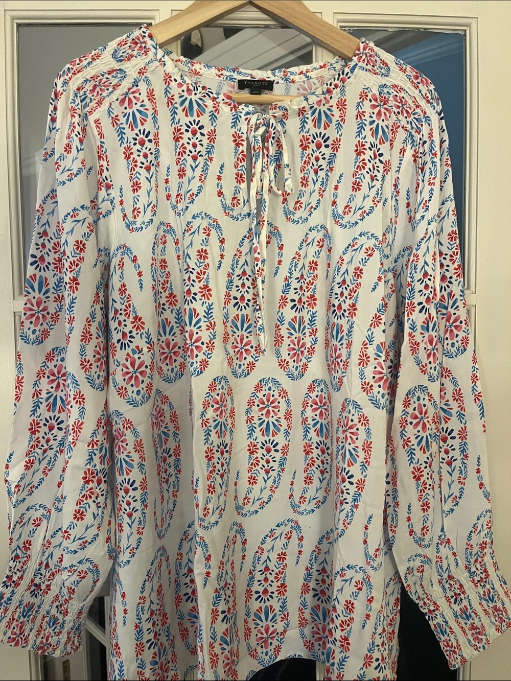 Talbots White Floral Paisley Tie-Neck Peasant Blouse. 2X